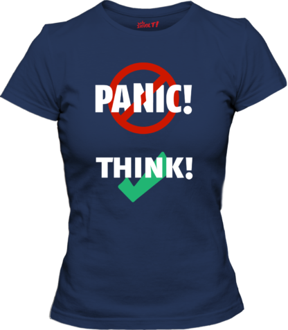 woman dark blue: Don't panic, think